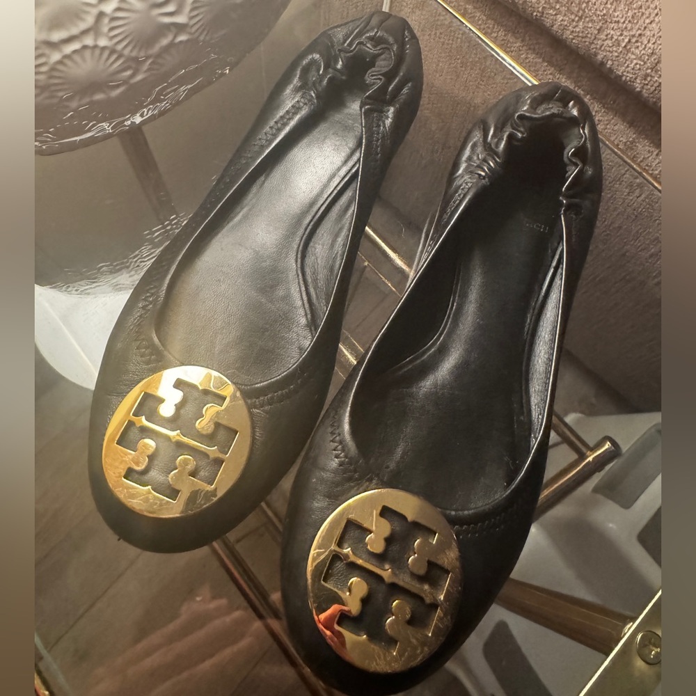 Tory Burch Black Leather Flats w/ Gold metal emblem